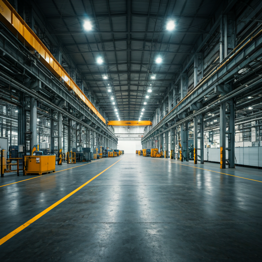 Spacious modern factory floor with industrial lighting