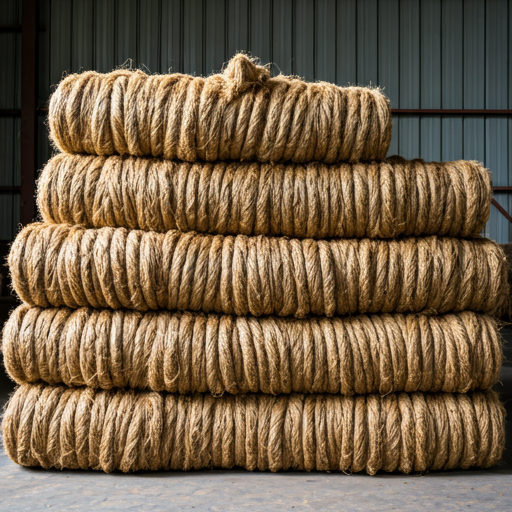 Raw jute fiber bundles stacked in warehouse